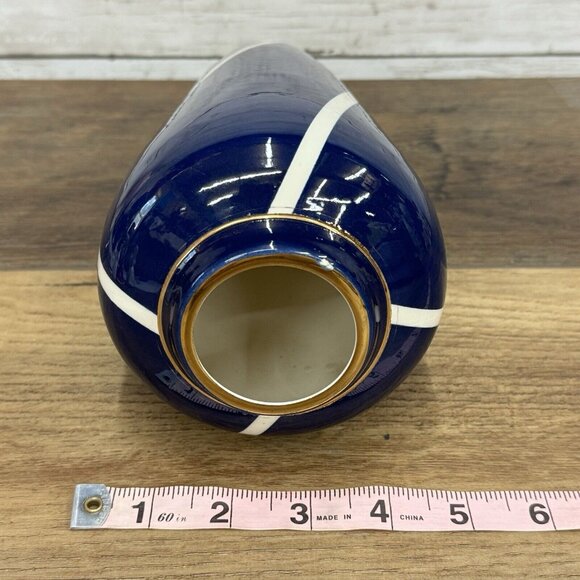 Vintage Cylinder Navy Vase With White and Gold Decoration McDonough Art Deco - Picture 9 of 10